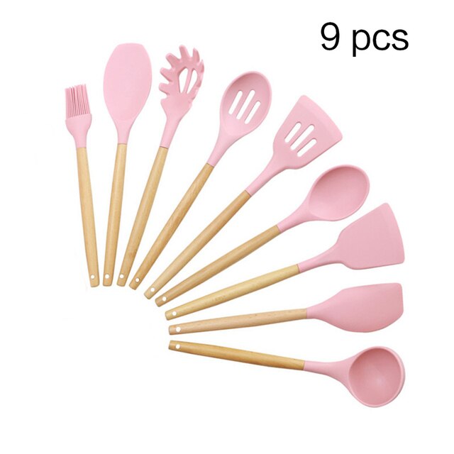 11pcs non-stick spatula kitchen utensils cooking set Multi-color storage barrels wooden handle silicone kitchen utensils: 9pcs