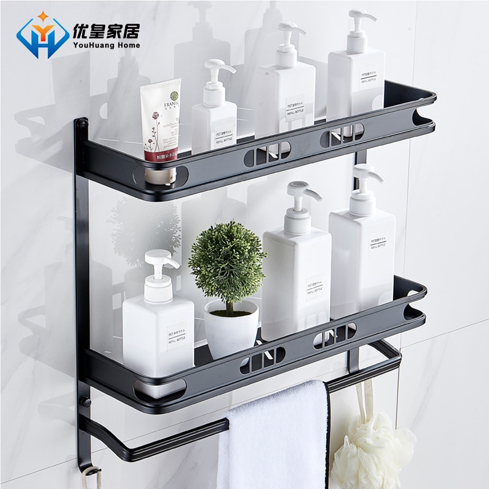 Punch-Free For Bathroom Accessories Space Aluminum Black Multifunctional Single And Double Layer Storage Rack Shower Shelves