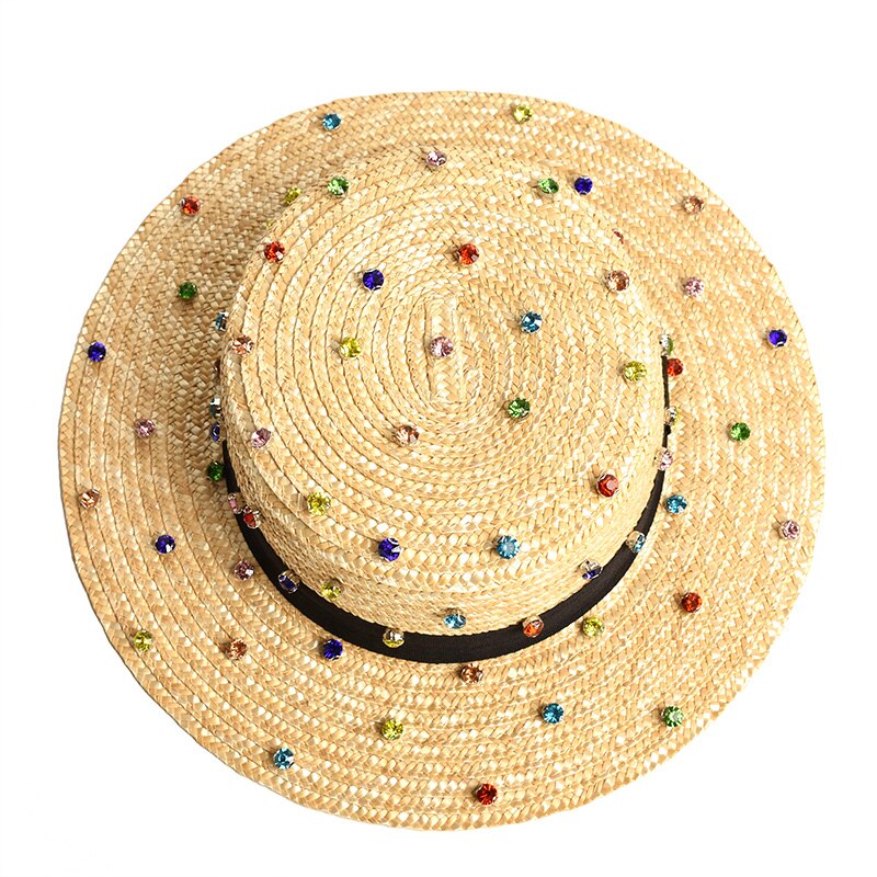 Paja de trigo Natural hecha a mano, decoración de costura de diamantes, sombrero de paja de jazz, viaje al aire libre, Playa