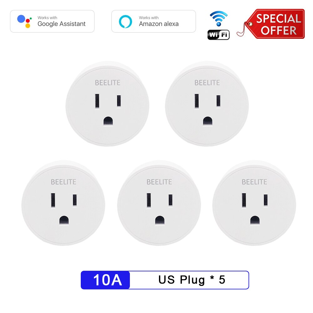 Beelite smart støpsel  oss 10a wifi stikkontakt alexa støpsel tidtaker støpsel fjernkontroll stikkontakt smart liv app tuya smart hjem alexa google assistent: 5 stk