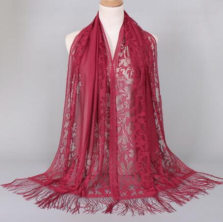 Women Cotton Polyester Floral Lace Scarf Shawl Tassels Party Wedding Lace Veil India Arab Muslim Hijabs Scarves: color 12 burgandy