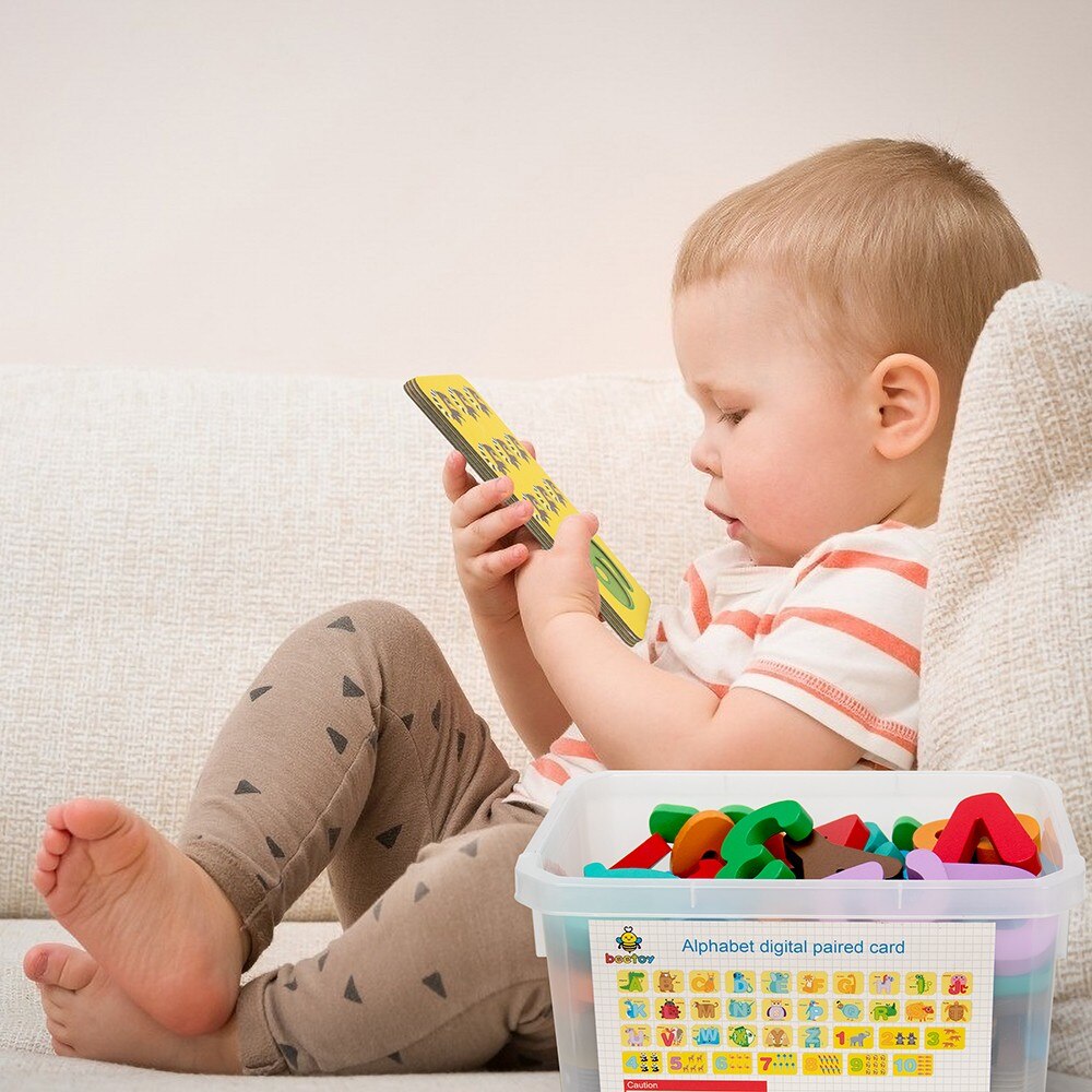 beetoy Alphabet Flash Cards Wooden Letters Jigsaw Puzzles Numbers with Storage Box, Baby Preschool Learning Educational Toys