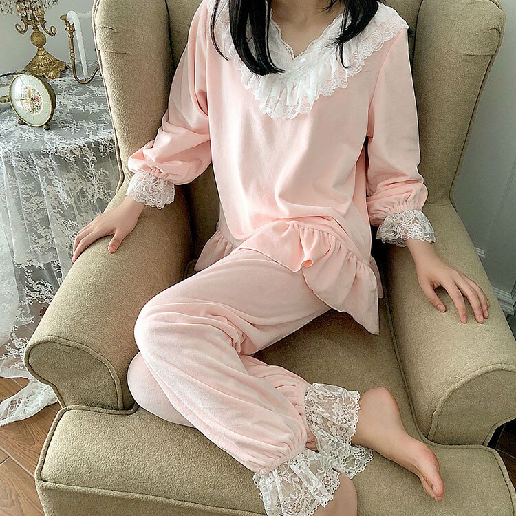 Herbst Winter frauen Lolita Flanell Rüschen Schlafanzug setzt. spitze Spitzen + Hosen. Jahrgang Damen Mädchen Schlafanzug einstellen. nachtwäsche Loungewear: Rosa / L