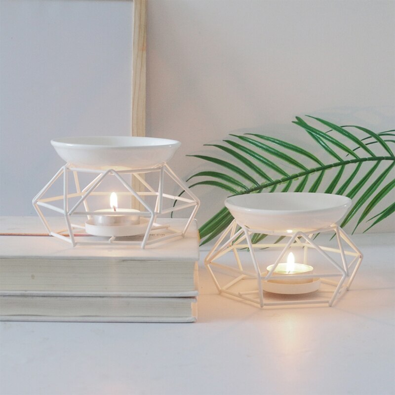 Metal Aromatic Oil Burner Geometric Frame Ceramic Essential Oil Tealight Candle Holder Wax Melt Warmer Melter Aroma Lamp 85DA