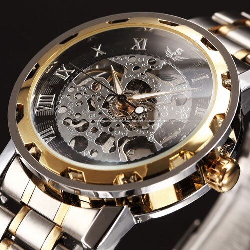 SEWOR winner Skeleton Mechanische Horloge Golden Transparante Steampunk Klok Mannen Roestvrij Volledige Stalen Horloge Relogio: Goud