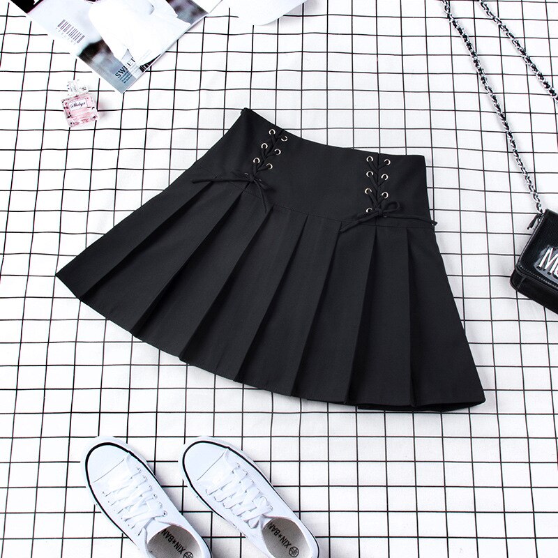 High Waist Pleated Skirt For Tennis Badminton Sport Strap With Inner Shorts Plaid Mini Training Skirt Cheerleading Uniform: Black / L