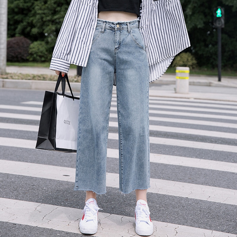 Streetpants Straight Jeans Women High Waist Blue Denim Trousers Female Loose Nine Length Fall Jeans P9136