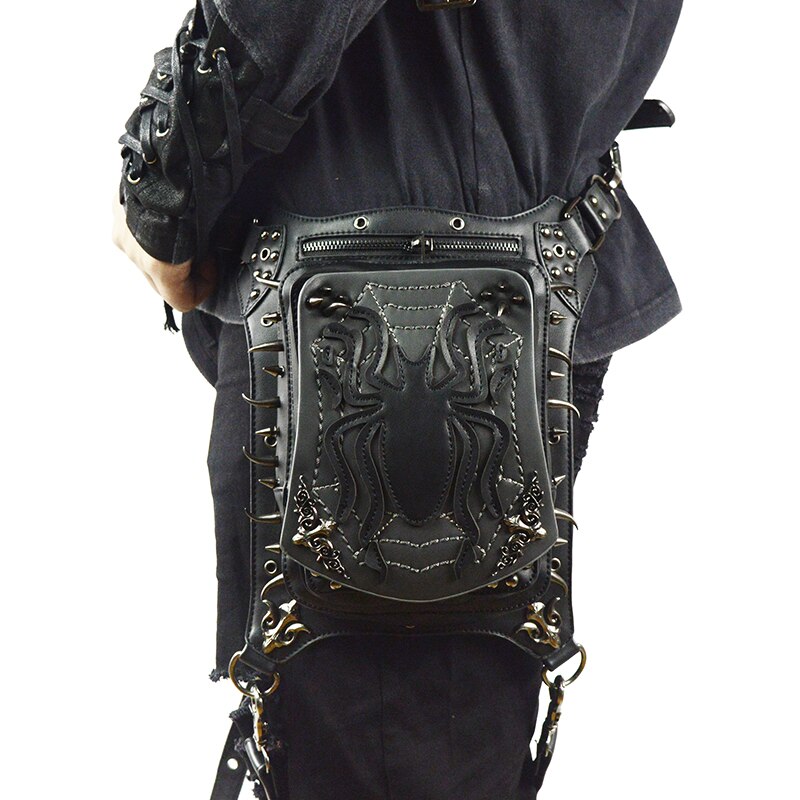 Gothic Black Spider Taille Tas Retro Rock Beenzak Steampunk Crossbody Lederen Telefoon Case Houder Punk Fanny Pack