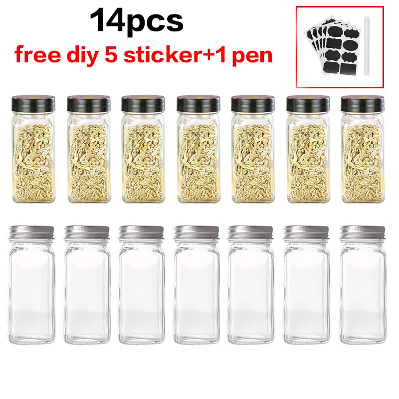 Kitchen Four Square Glass Jar Lid Seasoning Box Barbecue Seasoning Jar Seasoning Jar Pepper Bottle Chicken Essence Seasoning Jar: 14pcs