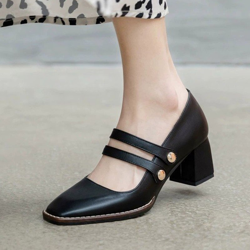 Women Mary Janes Shoes Square Toe Pumps Square Heeled Dress Shoes Double Band High Heels Big Size 41 42 Zapatos mujer 8835C