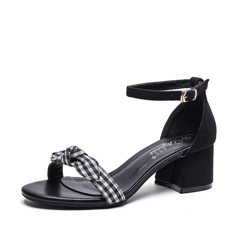 Summer high heels women Roman shoes thick with open toe sandals women's shoes size 34-41 European Gingham Butterfly-knot sandals: Black / 6