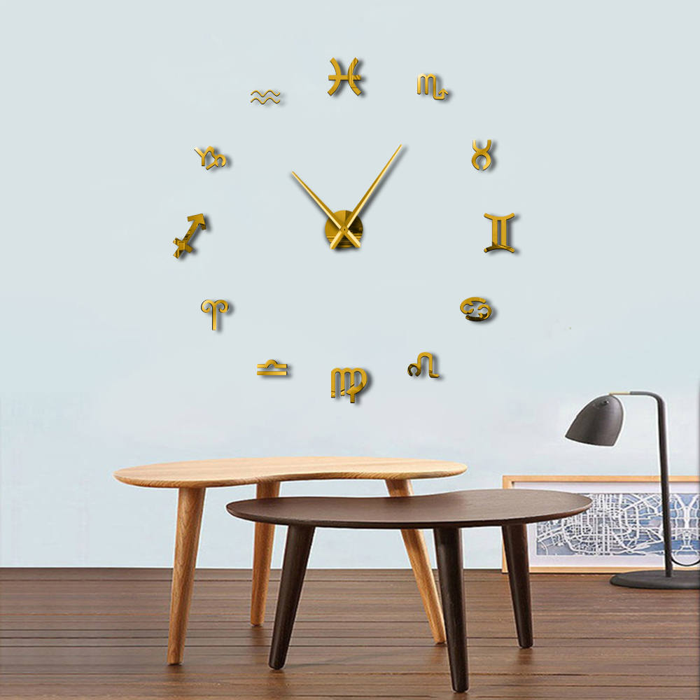 12 astrologi symboler kunst vægindretning ur diy 3d spejl vægur moderne stort antal ur til stue: Guld / 37 tommer