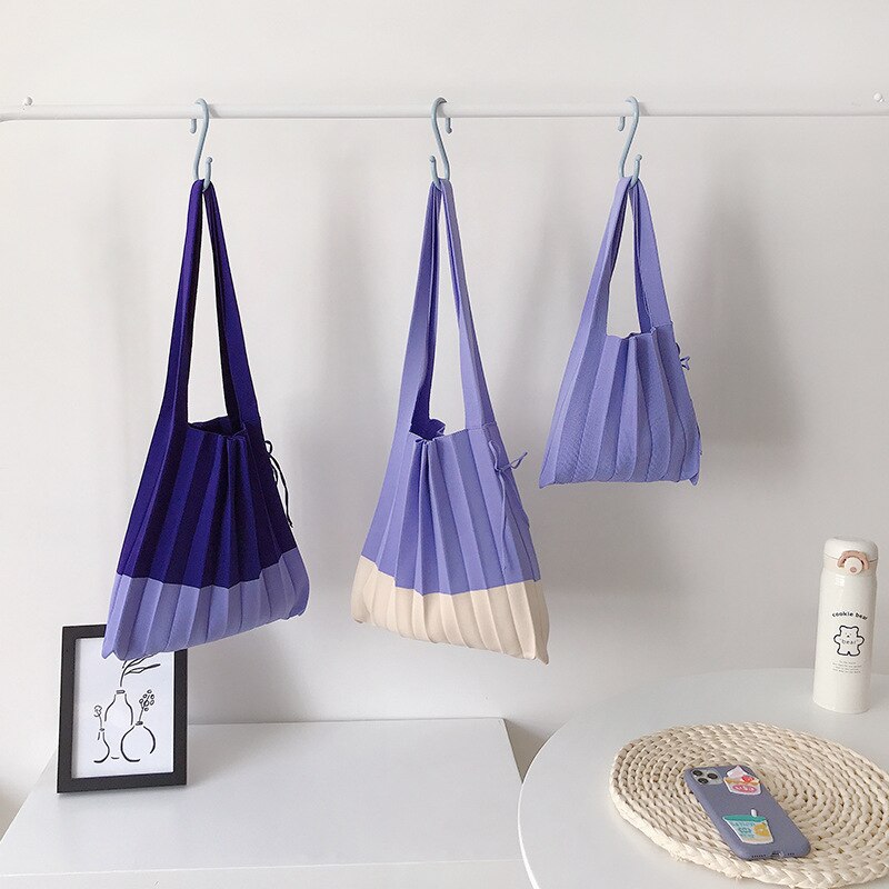 Tecido de malha bolsa de ombro feminina cor bloqueio design plissado sacos de tecido de lã bolsa dobrável amarrado tote para senhoras