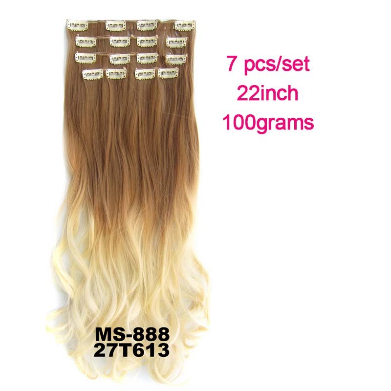 Extensiones de pelo sintético ondulado 7 unids/set, Clip de 22 pulgadas, 100g, Color negro, marrón, degradado postizo, resistente al calor: 27T613