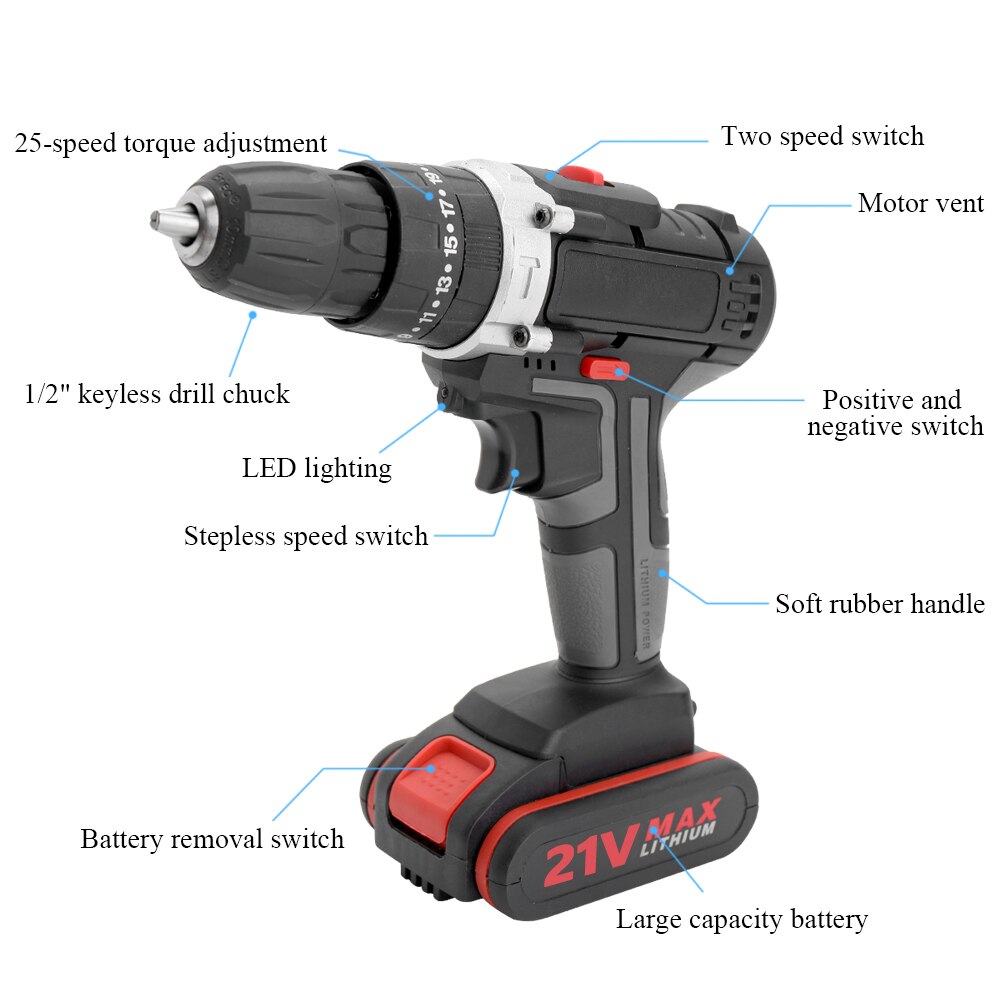 21V 1300mAh Electric Drill 2Lithium Battery DIY Mini Rechargeable Impact Drill 1450rmp Speed Cordless Drill Household Power Tool
