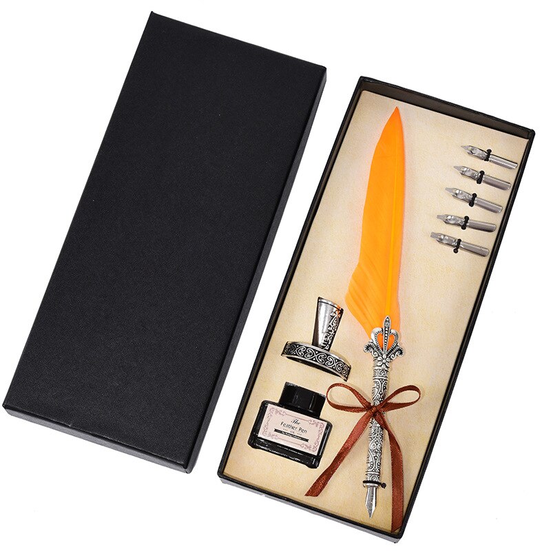 Vintage Antique Feather Dip Pen Metal Nibbed Ink Writing Quill Pen Retro Scrapbooking Feather Pen Set Birthday: 6