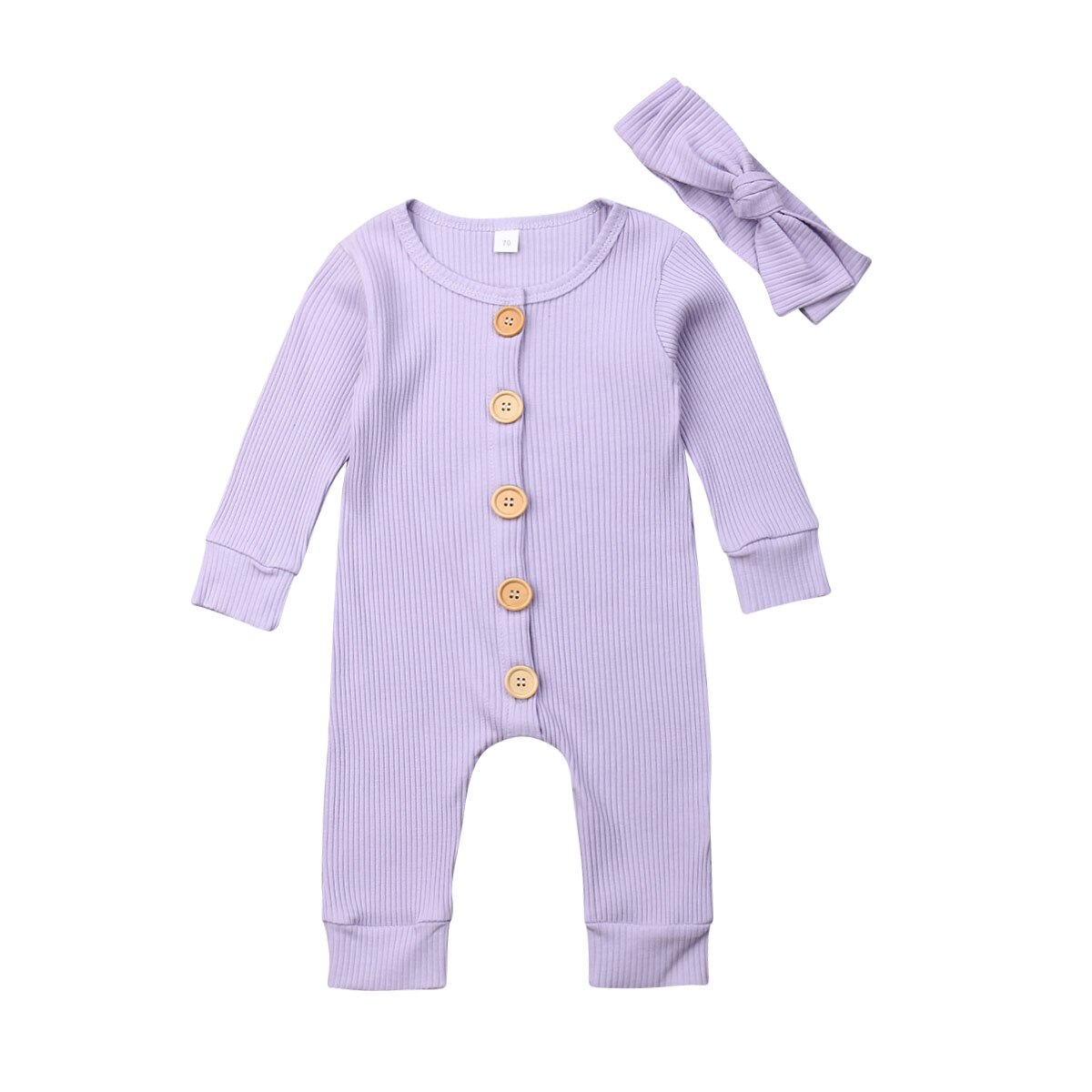 2 Stuks Pasgeboren Baby Gebreide Solid Jumpsuit Meisje Jongen Kleding Lange Mouw Herfst Romper Lange Mouw Hoofdband Outfit Kleding: Paars / 3M