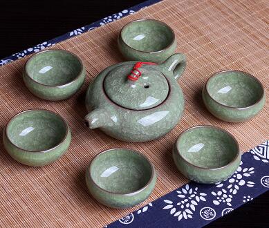 Chinese Kungfu Tea Sets Ice break Porcelain Tea Pot Tea Cups (7pcs) Tea Service Set: Light Green