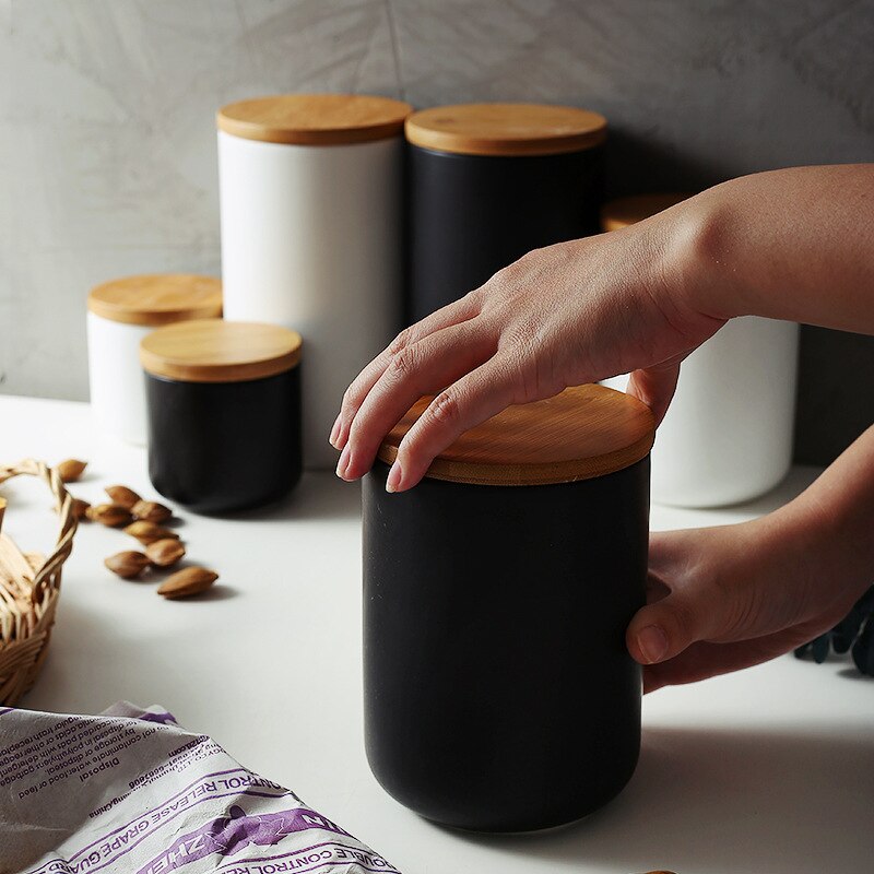 Jarra de cerámica sellada de estilo nórdico para almacenamiento de café, té y cocina, a prueba de polvo, para condimentos sólidos con tapa de Bambú