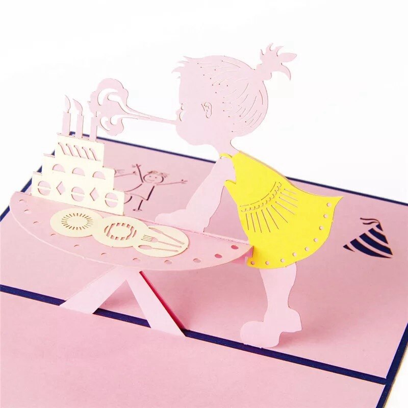 Children&#39;s Handmade Birthday Cards 3D Three-dimensional Friends Wishes Cards Cards Little Girls and Cats