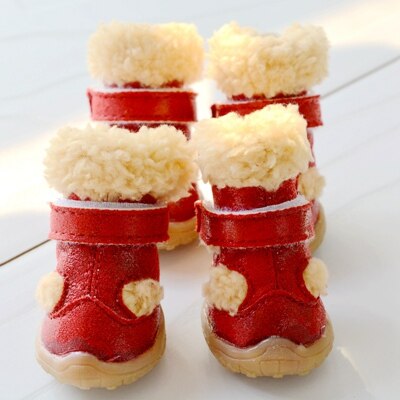Snow Winter Season Shoes For Dogs Warm 4pcs/set Non-slip Little Small Pet Puppy Animal Footwear With Fur Chihuahua Pugs Boots: Red / 5