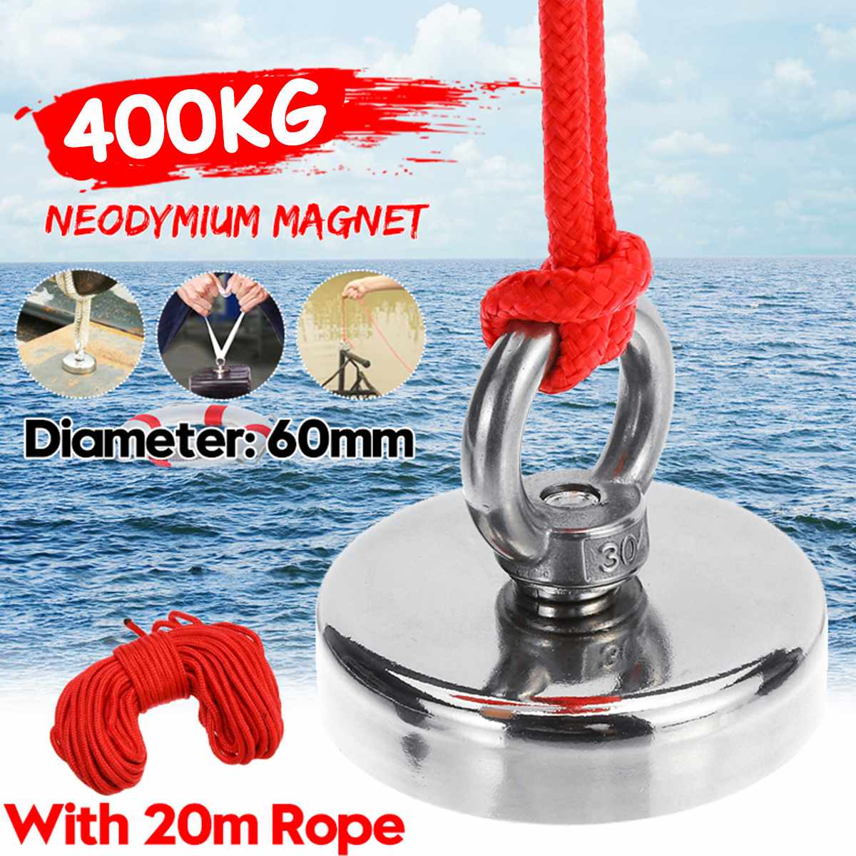 400KG Super Strong Magnet Pot Fishing Magnets Salvage Fishing Hook Magnets Strongest Permanent Powerful Magnetic With 20M Rope