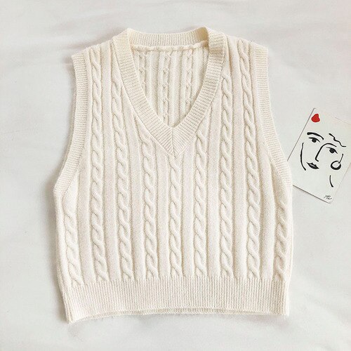 Gagarich Vest Women Autumn Korean Style Solid Color All-match Retro Pattern Knitted Slim V-neck Sleeveless Top Casual: White