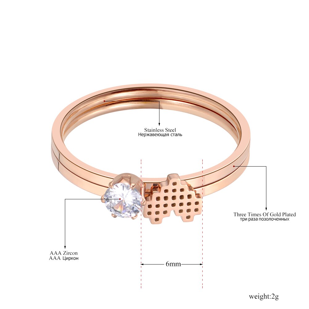 Lokaer Titanium Stainless Steel CZ Crystal 2 In 1 Heart Wedding Ring Rose Gold Anniversary Rings Jewelry For Women Girls R19096