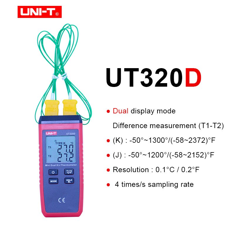 UNI-T UT320A UT320D termómetro de termopar Mini tipo de contacto doble canal K/J medidor de temperatura de fondo de datos mantener automática: UT320D