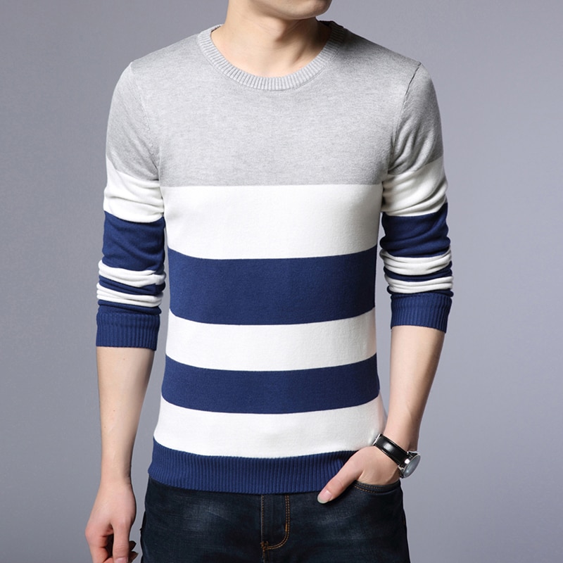 Misniki efterår afslappet herre sweater o hals stribet slim fit strik herre sweatere pullovere herre pull homme s -3xl jp52