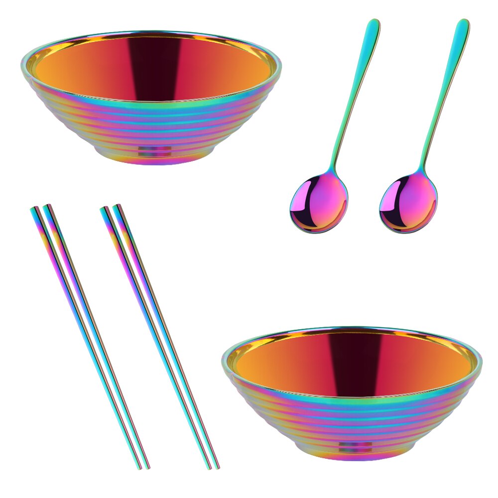 Japanese Stainless Steel Ramen Instant Noodles Bowl Large Rice Soup Salad Double layer Bowl For Restaurant Kitchen Tableware: Rainbow NO.0 6pcs