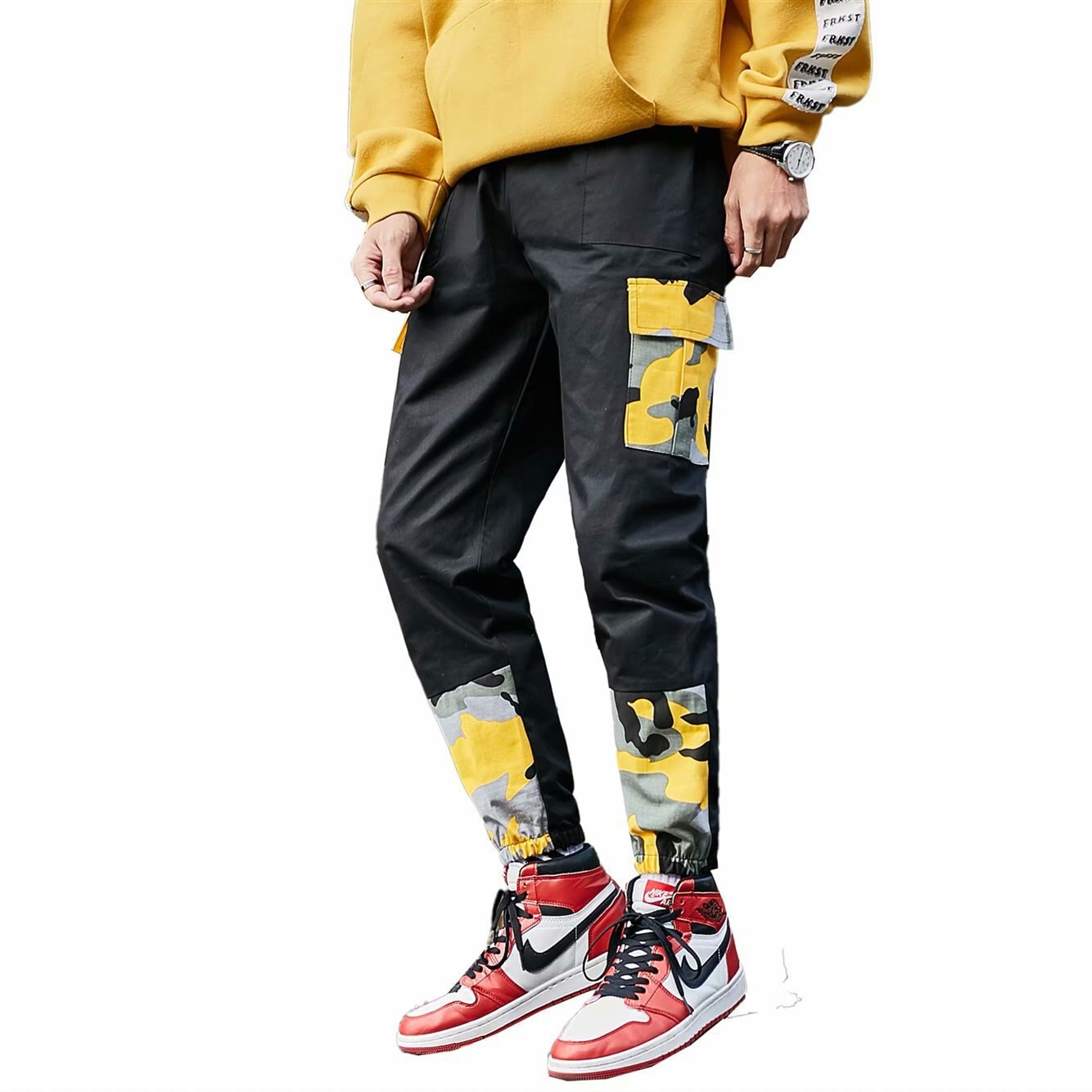 Calças de camuflagem dos homens hip hop calças camo solto harem calças corredores sweatpants moda casual juventude streetwear amarelo vermelho outono: XXL / G12