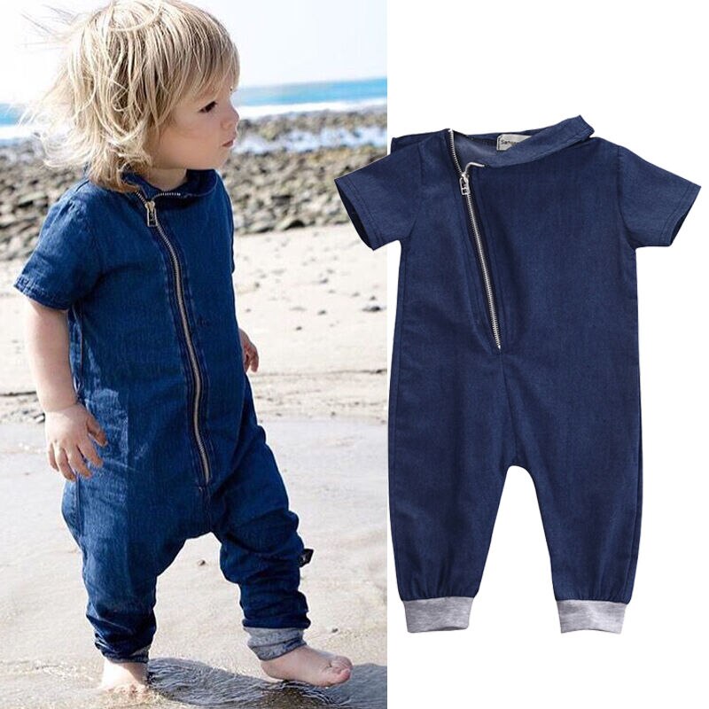 Brand 3M-3Y Newborn Toddler Baby Girls Boys Denim Romper Short Sleeve Elastic Waist Blue Zipper Jumpsuit Summer Clothes
