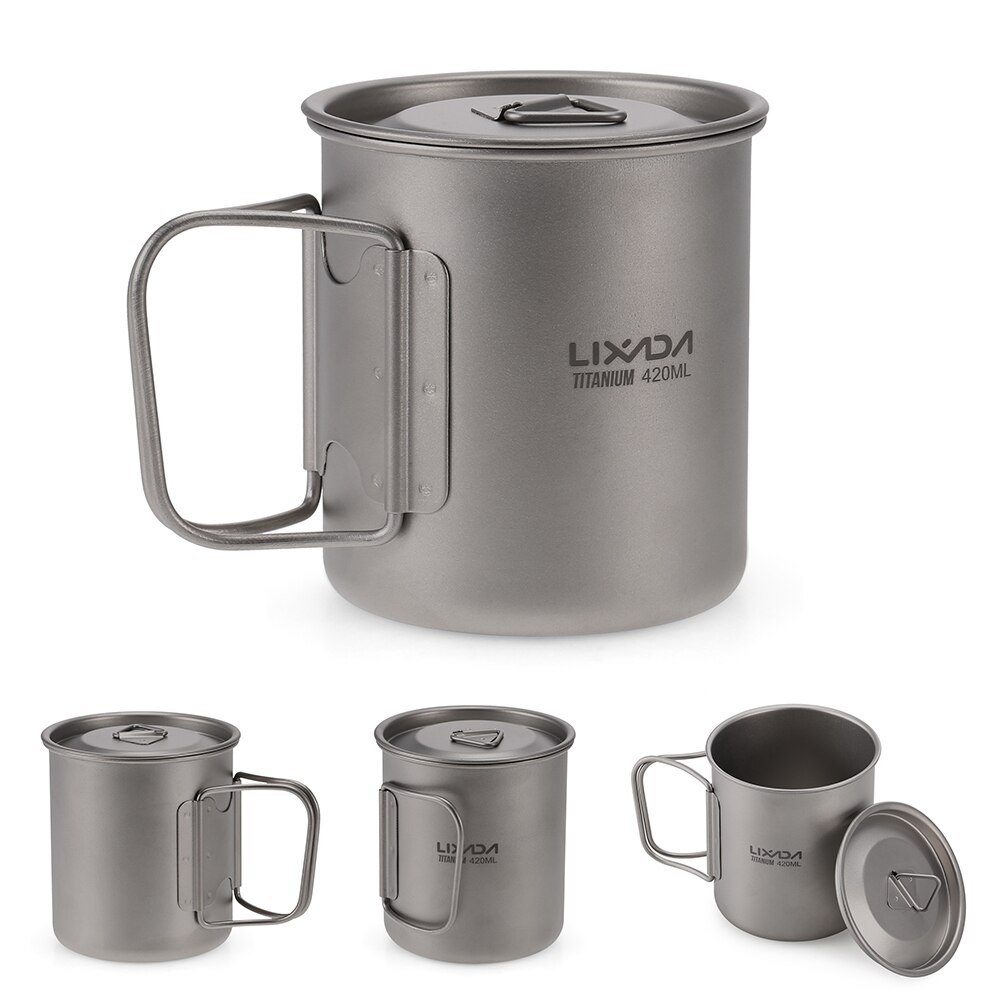 Lixada Ultralight Titanium Cup Outdoor Draagbare Camping Picknick Water Cup Mok Opvouwbare Handvat/350 Ml/420 Ml/ 650 Ml/750 Ml