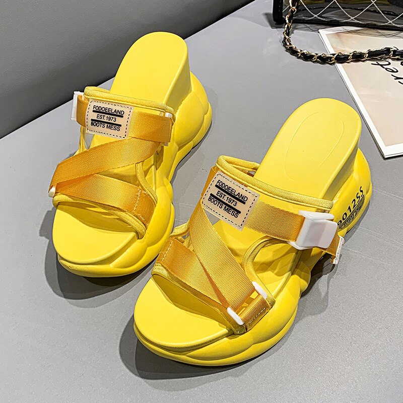 10cm/3.9 inch Height Wedge Slides Thick Bottom Sandals Chunky Shoes For Ladies Summer Outdoor Wear: Yellow / 36