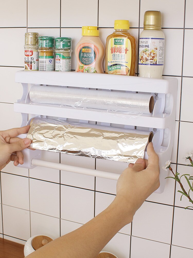 Organizer for Kitchen 4 in1 Wall-Mount Paper Towel Holder Sauce Bottle Storage Film Cutter Tin Foil Rack Kitchen Organization