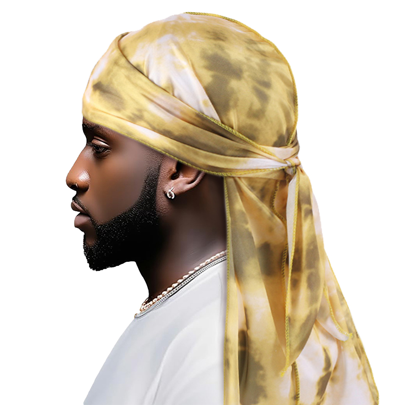 Novo tingido de seda Durag Bandana com cauda longa e alça larga Colorido Durag Cap touca de banho para homens e mulheres: Dourado