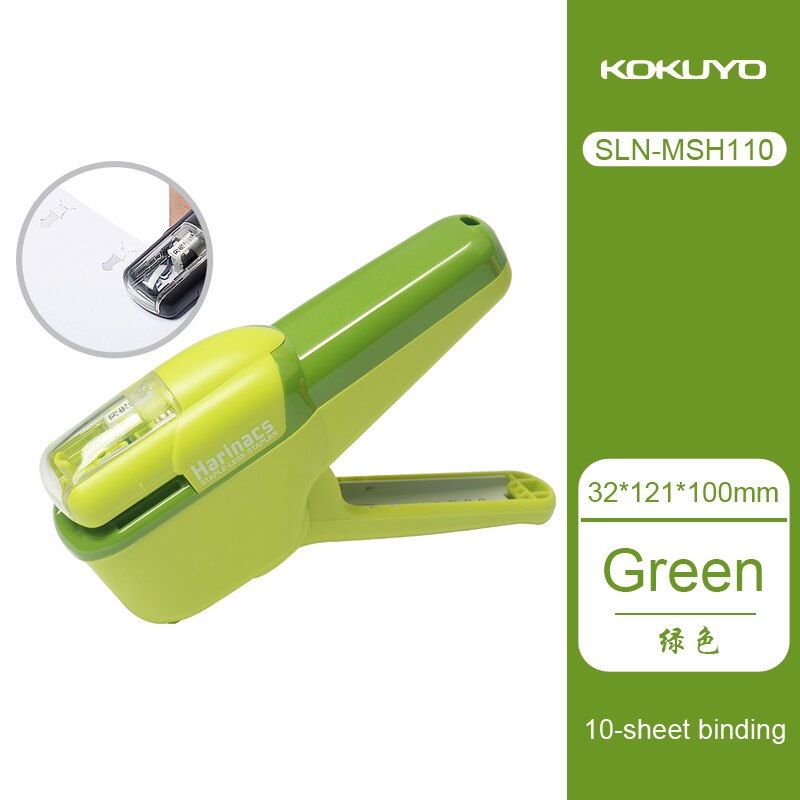 KOKUYO-grapadora sin aguja, SLN-MSH110, harinacs, portátil, ahorro de trabajo, puede engrapar 10 hojas, 1 ud.: Verde