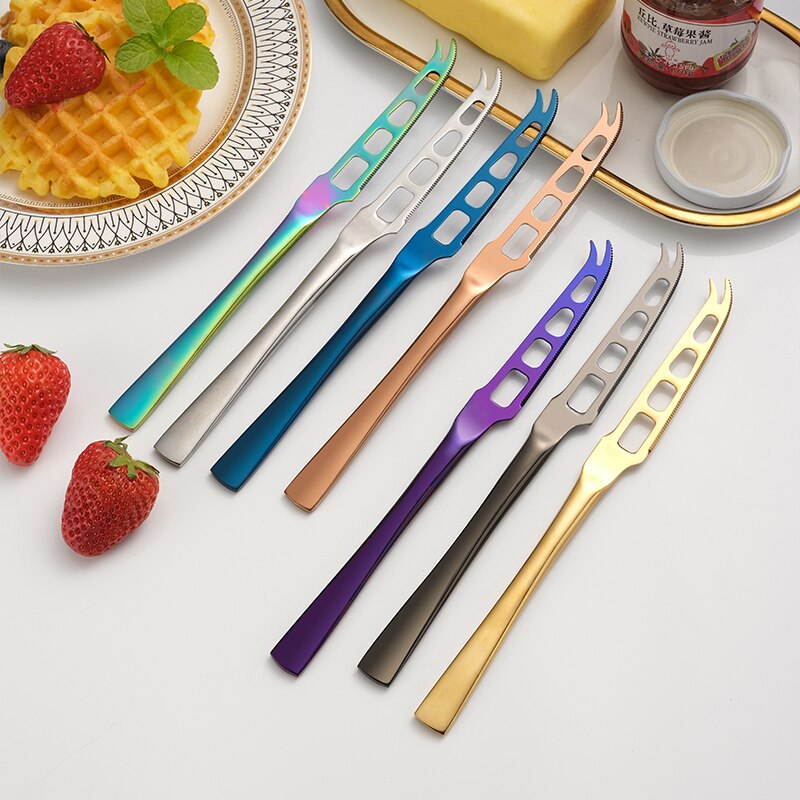 Stainless Steel Cheese Knife With Fork Tip Serrated Cheese Butter Knife Slicer Cutter Cheese Tools Breakfast Bread Jam Spreader