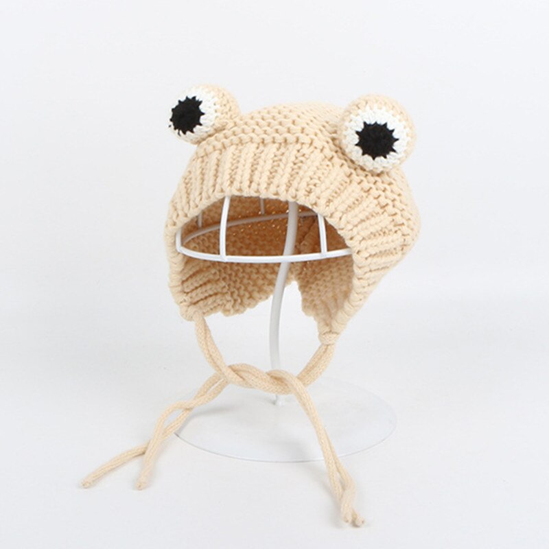 Effen Kleur Cartoon Kikker Gebreide Muts Winter Warme Muts Skullies Cap Beanie Hoed Voor Kind Jongen En Meisje: Beige