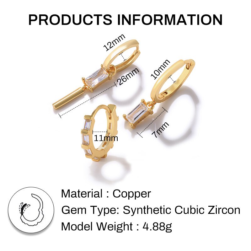 Romad 3Pcs Ins Persoonlijkheid Zirconia Oorbellen Vrouwen Trendy Goud Kleur Wit Zirconia Hoops Oorbellen Meisjes Party