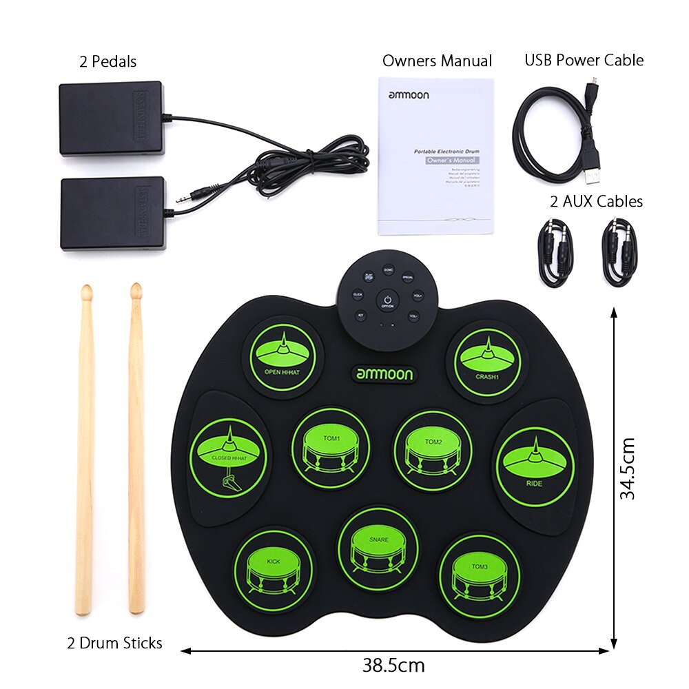 Portable Electronic Drum Set - ammoon Digital Roll-Up Touch Sensitive Practice Drum Kit 9 Drum Pads 2 Foot Pedals (No Speakers)