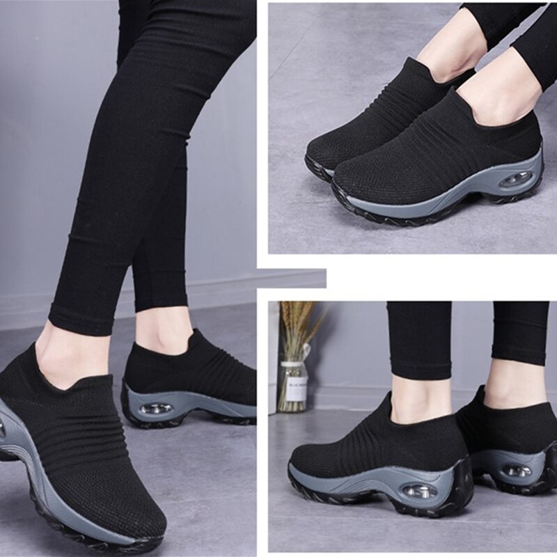 Women Sneakers Shoes Spring Flat Slip Sneakers For Women Breathable Mesh Sock Sports Running Shoes Platform Air Cushion Wedge