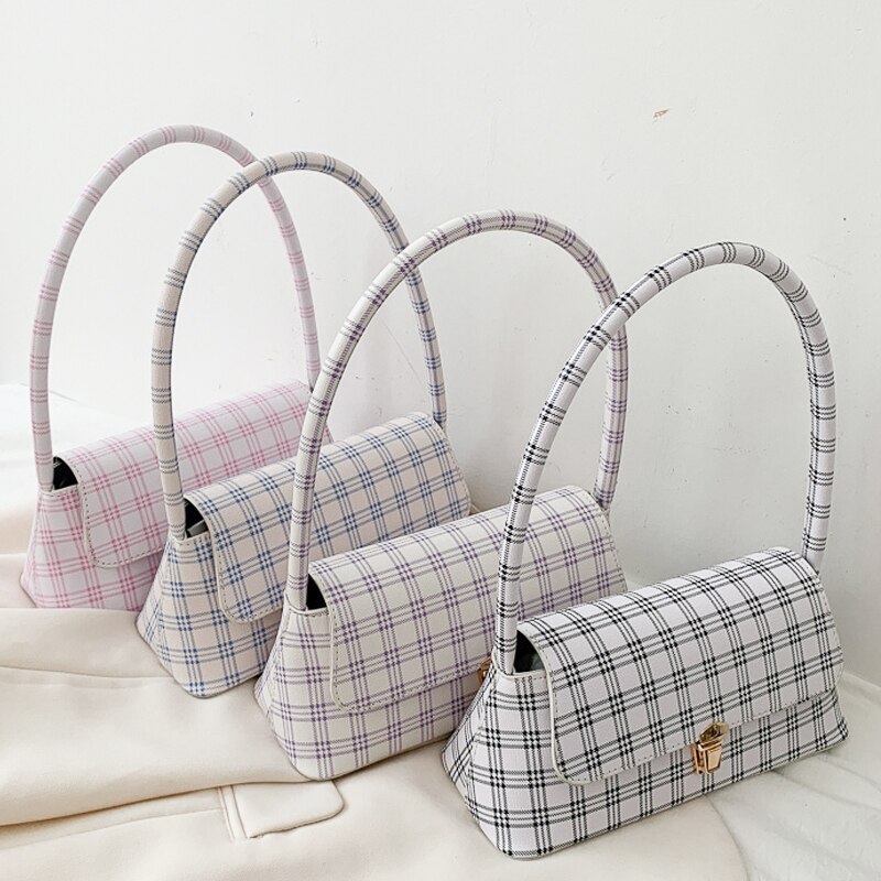 Bolso cruzado retro a cuadros para mujer, baguette con axilas, cadena de hombro, bolso de mano femenino y monedero