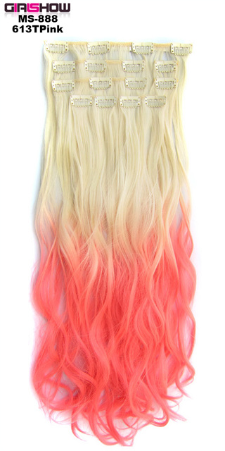 Girlshow Clip in on synthetic Dip dye Hair Extensions 7pcs/set 22" Long wavy Heat resistance fibre ombre Hair MS-888, 90g/set: MS-888 613TPink