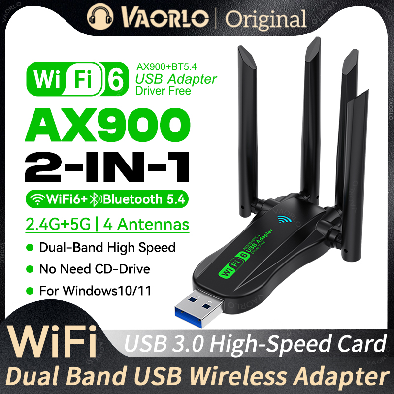 Adaptador USB AX900 WIFI6 2 em 1 Bluetooth 5.4 Banda dupla 2,4G e 5GHz 900Mbps WiFi 6 802.11AX Placa de rede sem fio de alta velocidade Dongle receptor 4 antenas USB3.0 para WIN 10/11 Driver grátis