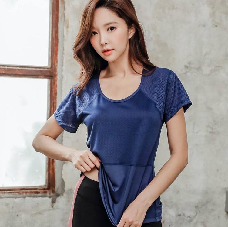 Kvinder sports t-shirt hurtigtørrende fitness træning løse løbe yoga toppe: Marine blå / Xl