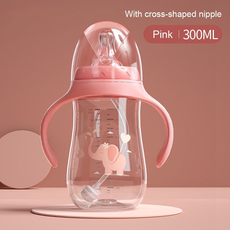 Baby Flessen Drinkbeker Zuigfles Brede Kaliber Multifunctionele Melk Drinken Water Tweeërlei Gebruik Fles Bpa Gratis: Pink 300ml