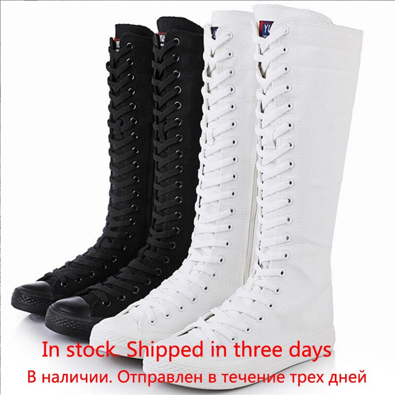 Zapatos de mujer de primavera y otoño, zapatos casuales de lona de caña alta, botas largas con cordones y cremallera, botas planas cómodas, zapatillas deportivas