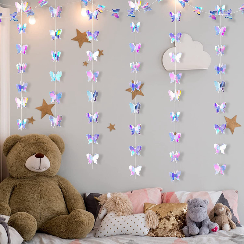 Guirnalda de pancarta de papel de mariposa 3D de 2M, cortinas de bandera colgantes iridiscentes para decoración de fondo de de cumpleaños y boda, Baby Shower